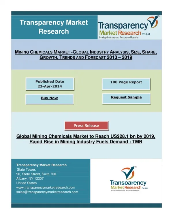 Mining Chemicals Market to Reach US$28.1 bn by 2019, Rapid Rise in Mining Industry Fuels Demand