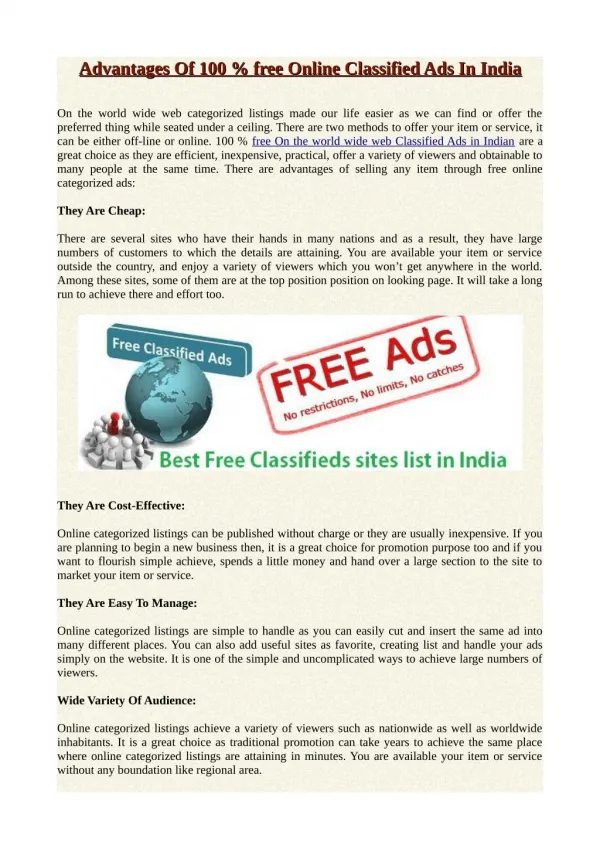 Advantages Of 100 % free Online Classified Ads In India