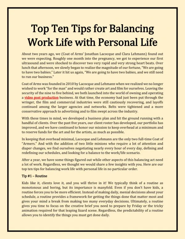 Top Ten Tips for Balancing Work Life with Personal Life