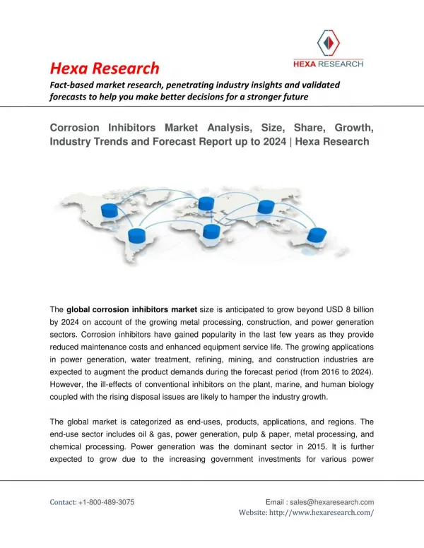 Corrosion Inhibitors Market Analysis, Size, Share, Growth, Industry Trends and Forecast Report up to 2024 | Hexa Researc