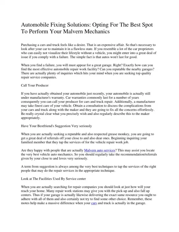 Auto Fixing Providers: Choosing The Greatest Location To Perform Your Car Service Malvern