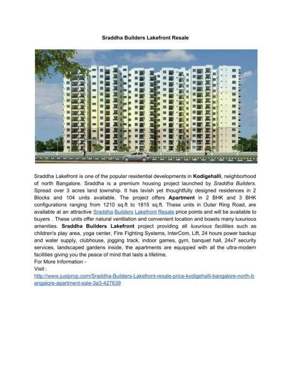 Sraddha Builders Lakefront Resale