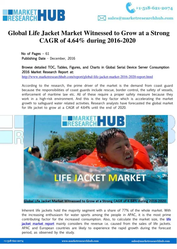 Global Life Jacket Market Research Report 2016-2020
