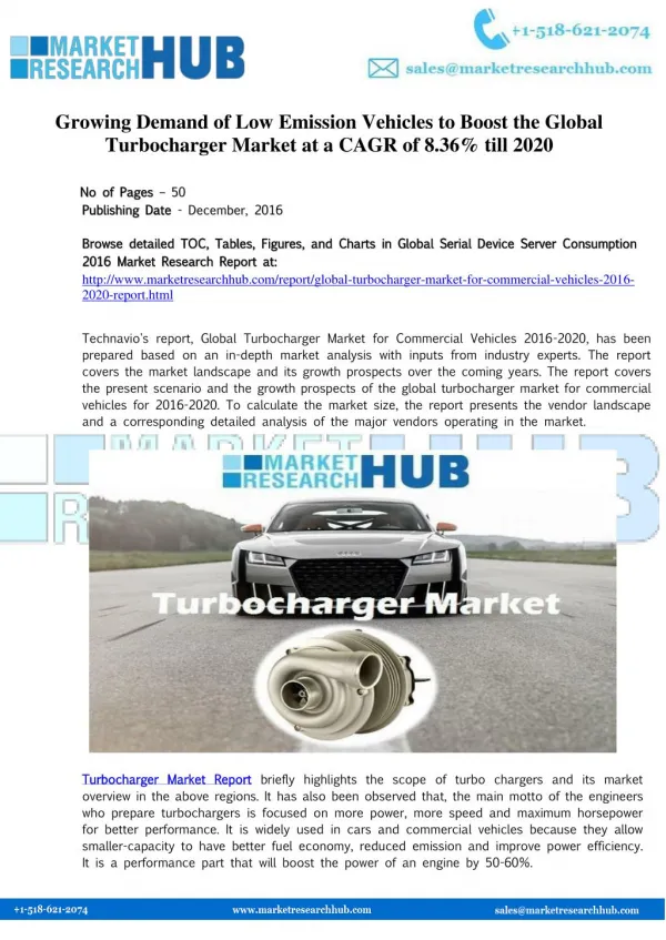 Global Turbocharger Market for Commercial Vehicles 2016-2020