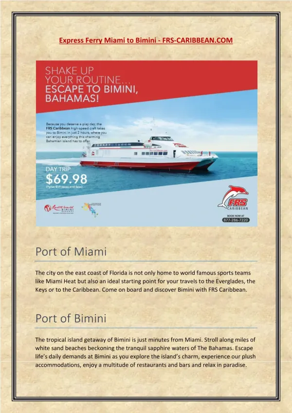 Cruise services from Miami to Bimini, Bahamas