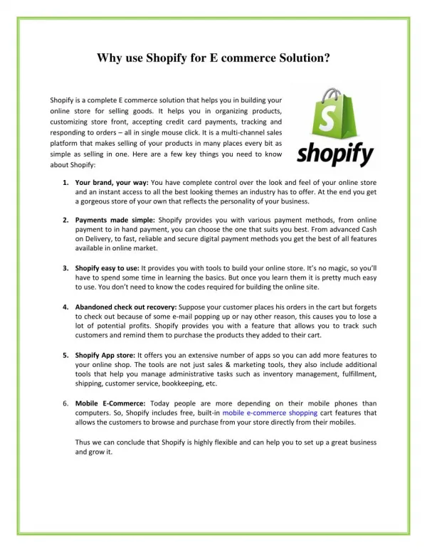 Why use Shopify for E commerce Solution?