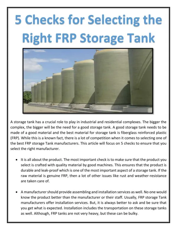 5 Checks for Selecting the Right FRP Storage Tank