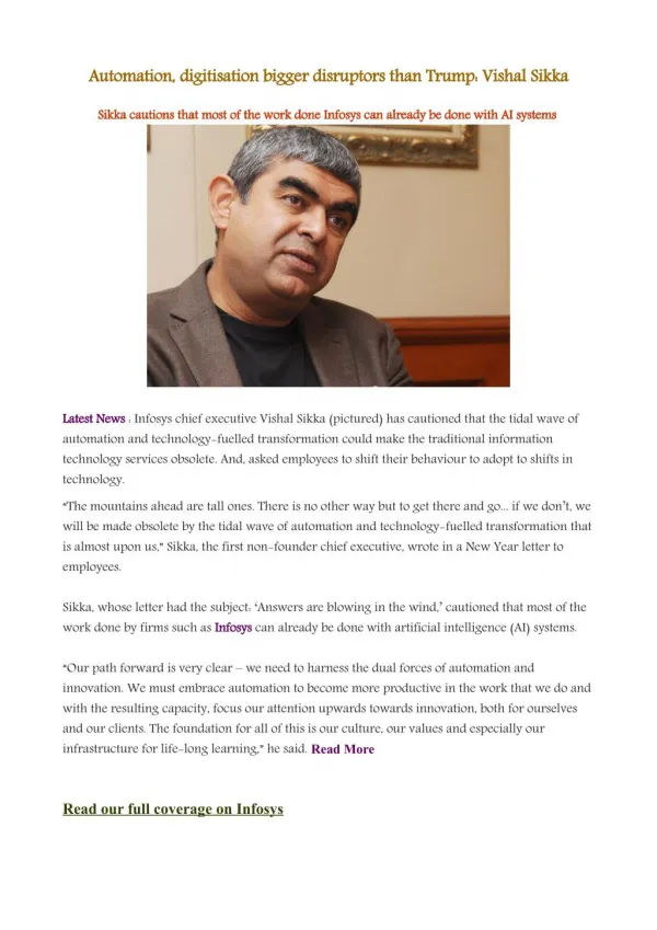 Automation, digitisation bigger disruptors than Trump: Vishal Sikka