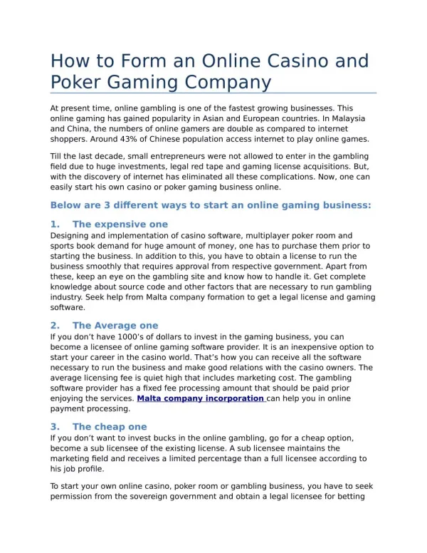 How to Form an Online Casino and Poker Gaming Company