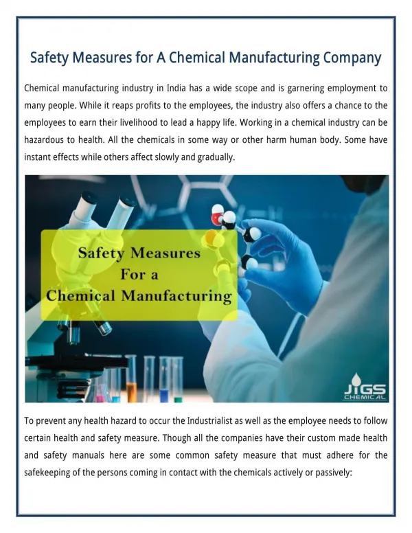 Some Common Safety Measures for A Chemical Manufacturing Company in India