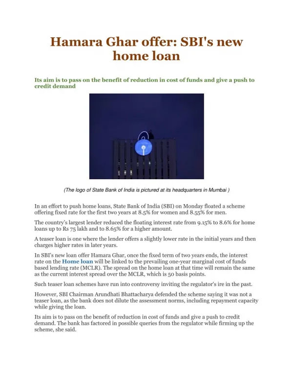 Hamara Ghar offer: SBI's new home loan