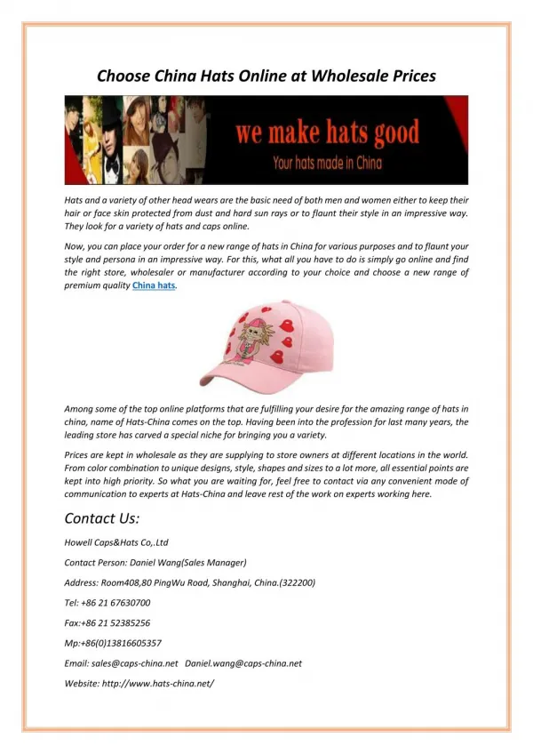 Choose China Hats Online at Wholesale Prices