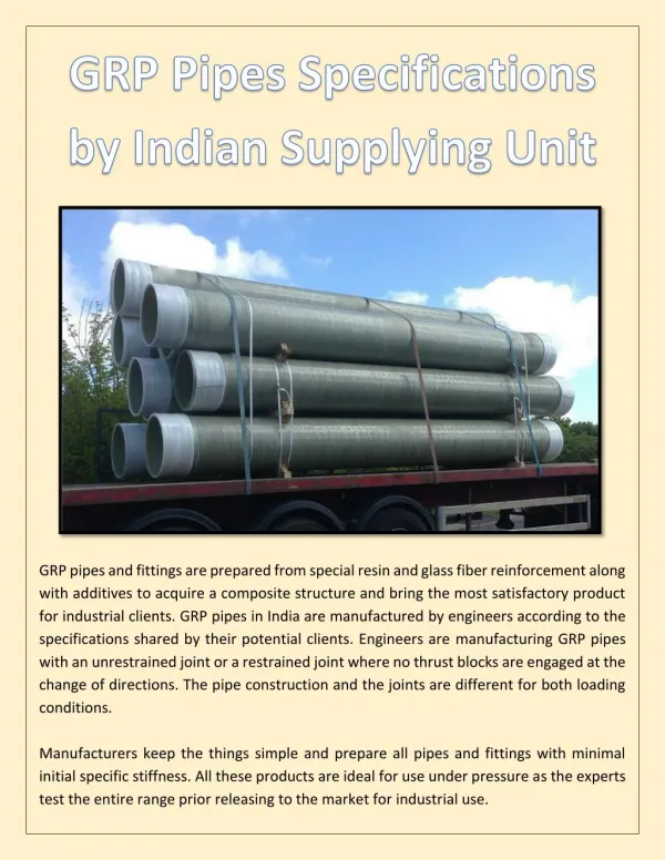 GRP Pipes Specifications by Indian Supplying Unit