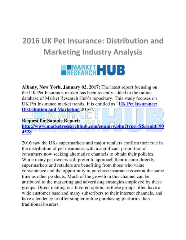 UK Pet Insurance Distribution and Marketing 2016