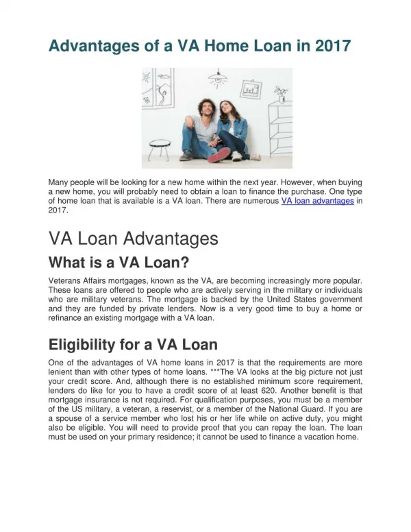 Advantages of a VA Home Loan in 2017