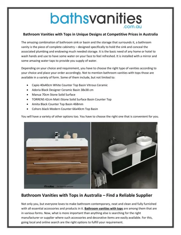 Bathroom Vanities with Tops in Unique Designs at Competitive Prices in Australia