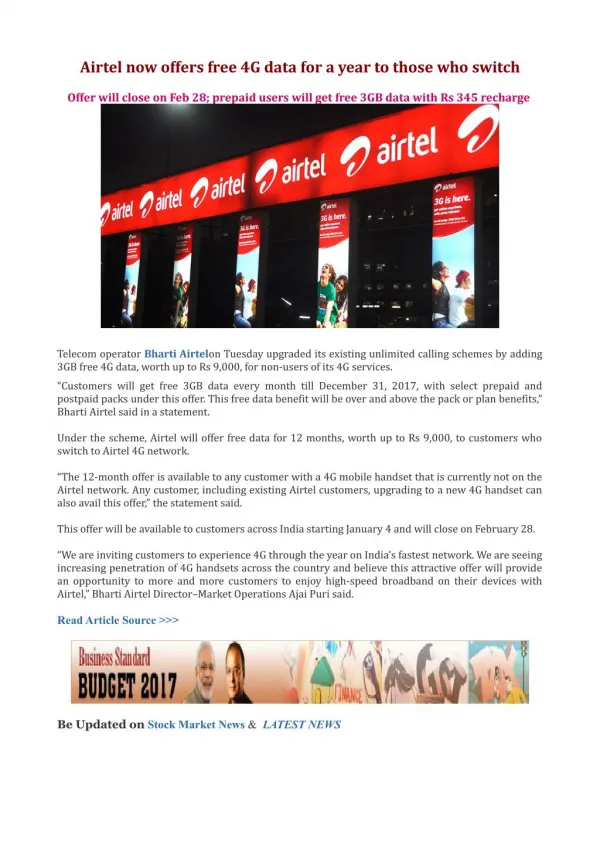 Airtel now offers free 4G data for a year to those who switch