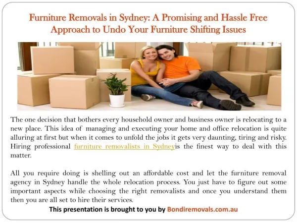 Furniture Removals in Sydney: A Promising and Hassle Free Approach to Undo Your Furniture Shifting Issues
