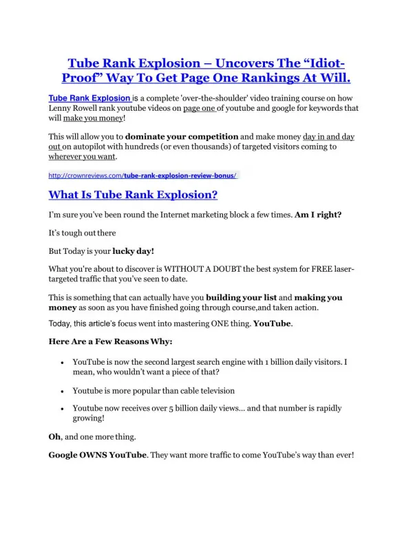 Tube Rank Explosion review & Tube Rank Explosion (Free) $26,700 bonuses