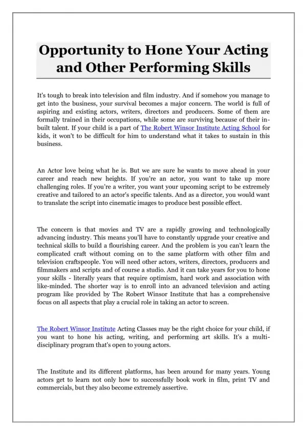 Opportunity to Hone Your Acting and Other Performing Skills