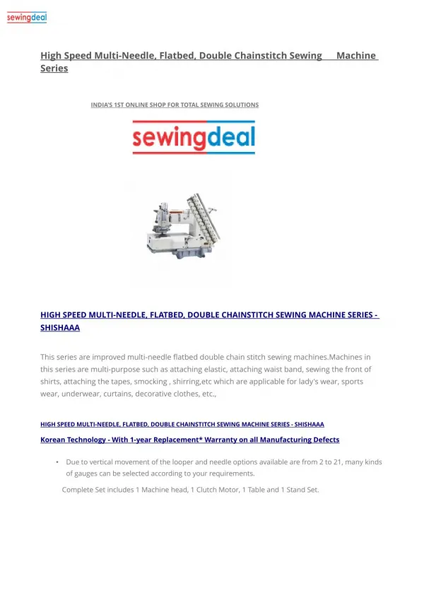 High Speed Multi-Needle, Flatbed, Double Chainstitch Sewing Machine Series