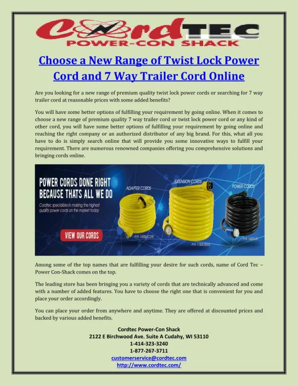 Choose a New Range of Twist Lock Power Cord and 7 Way Trailer Cord Online