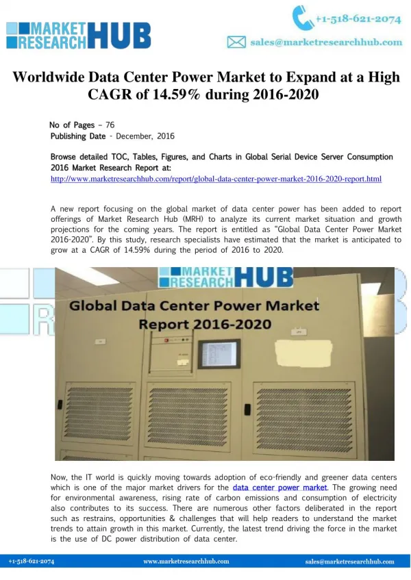 Worldwide Data Center Power Market to Expand at a High CAGR of 14.59% during 2016-2020