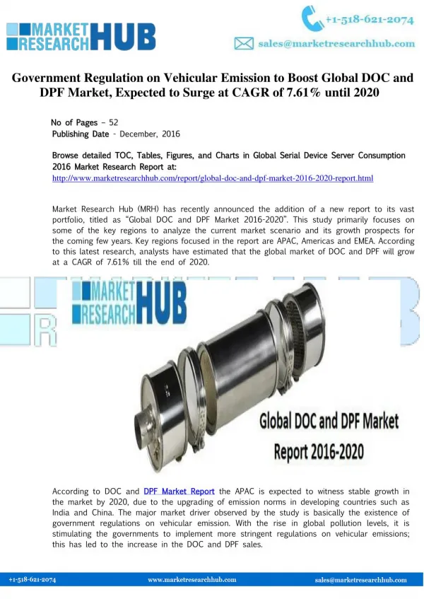Government Regulation on Vehicular Emission to Boost Global DOC and DPF Market Report
