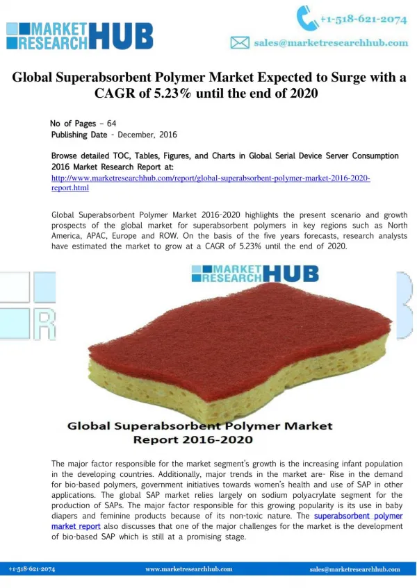 Global Superabsorbent Polymer Market Expected to Surge with a CAGR of 5.23%