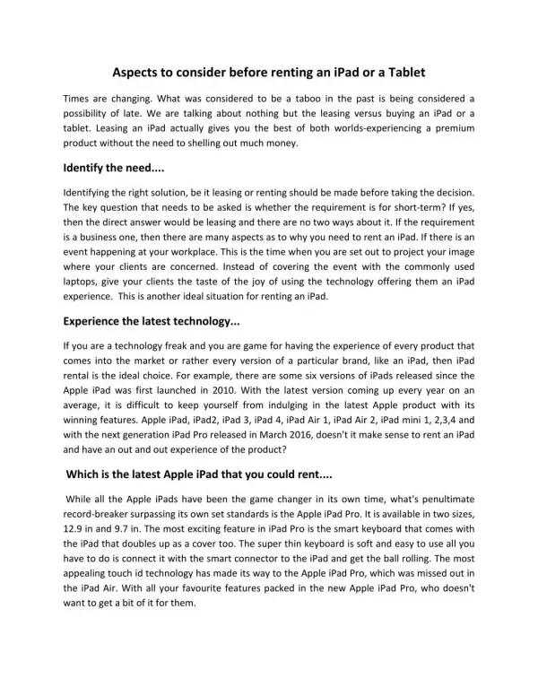 Aspects to consider before renting an iPad or a Tablet