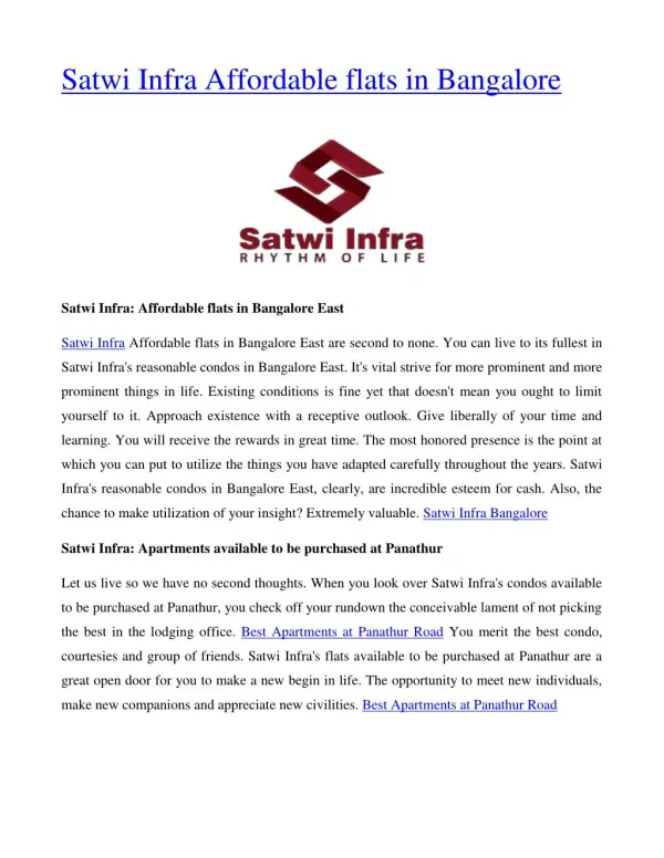 Satwi Infra Affordable flats in Bangalore