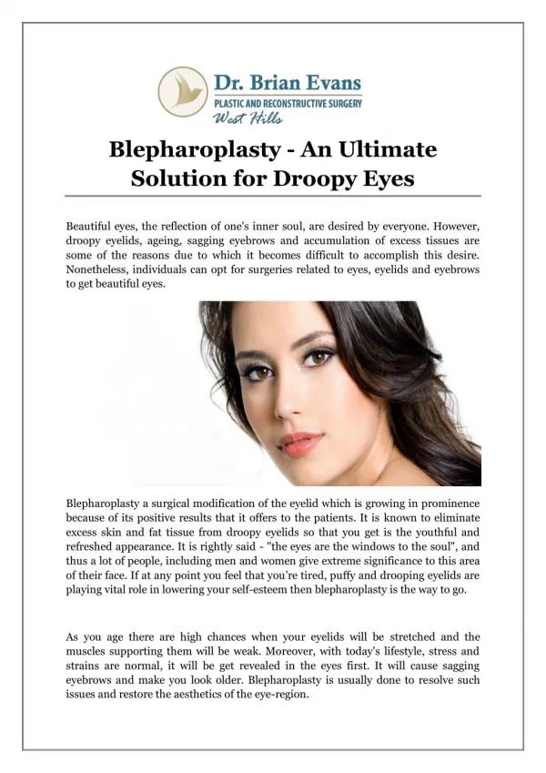 Blepharoplasty - An Ultimate Solution for Droopy Eyes