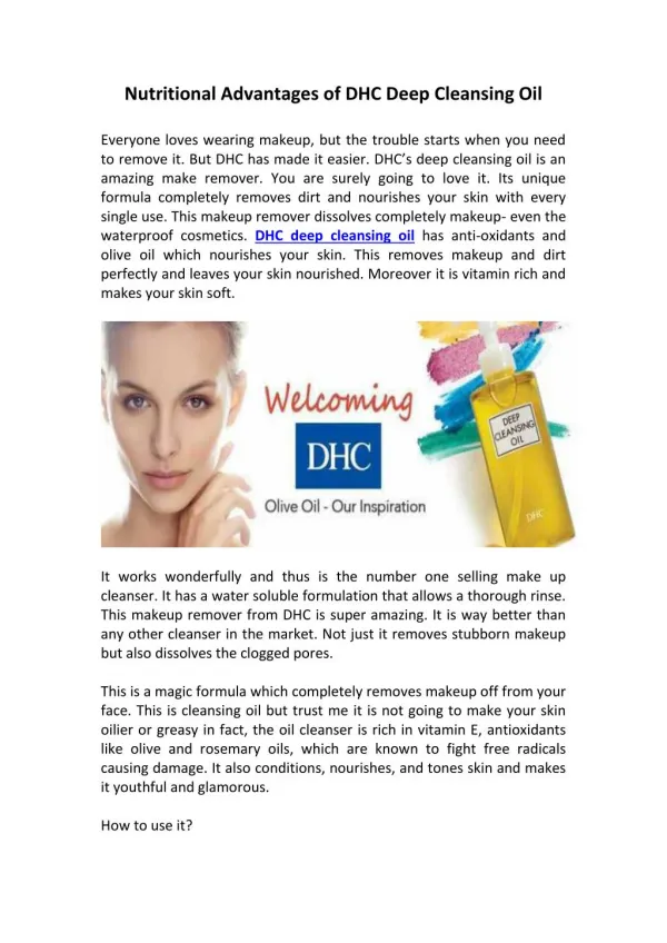 Nutritional Advantages Of DHC Deep Cleansing Oil