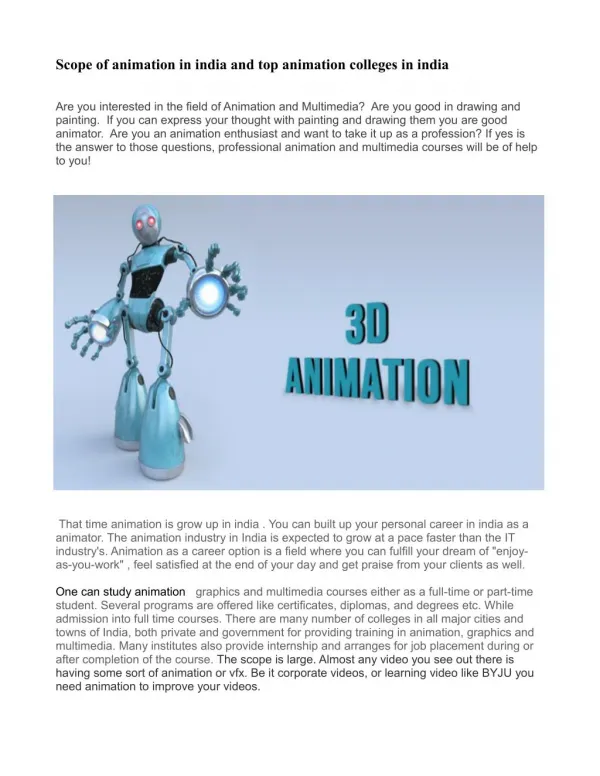 Scope of animation in india and top animation colleges in india