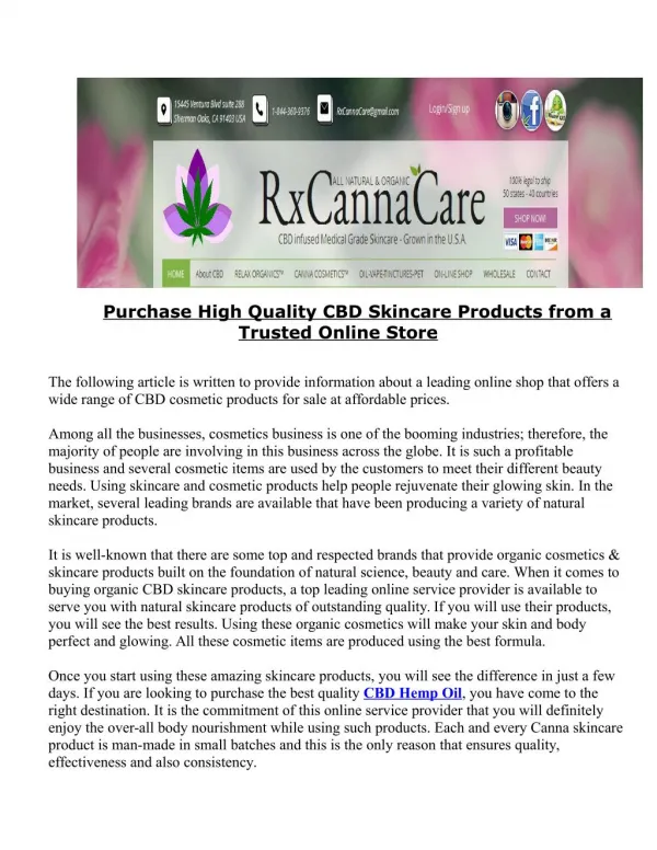Purchase High Quality CBD Skincare Products from a Trusted Online Store