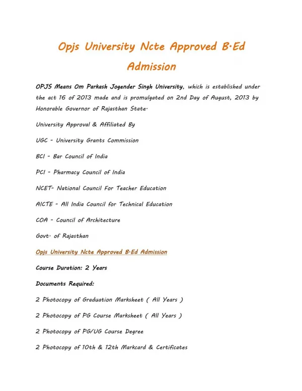 Opjs University Ncte Approved B.Ed Admission