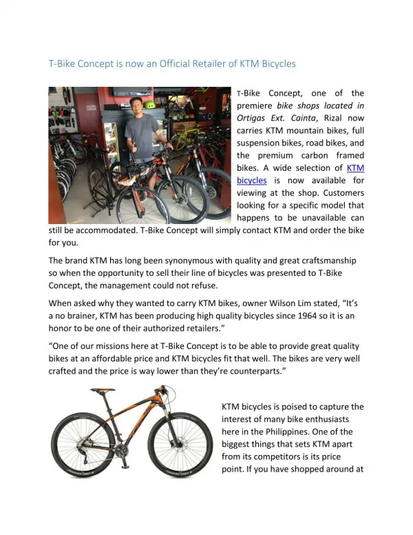 T-Bike Concept now an Official Retailer of KTM Bicycles