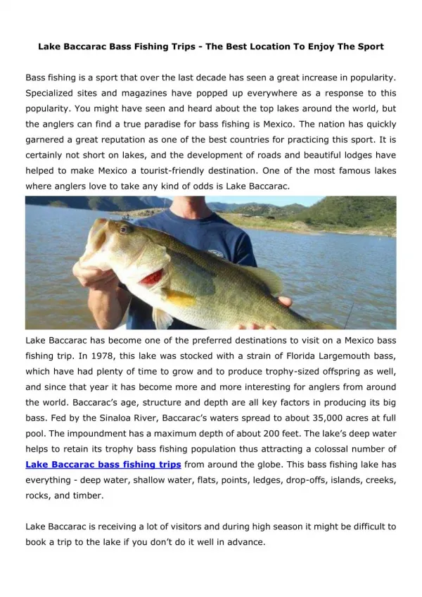 Lake Baccarac Bass Fishing Trips - The Best Location To Enjoy The Sport