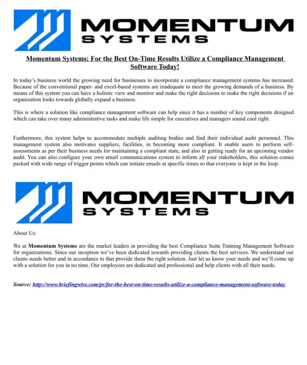Momentum Systems: For the Best On-Time Results Utilize a Compliance Management Software Today!