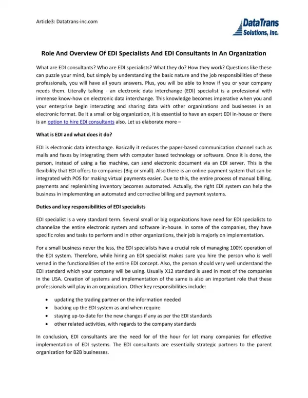 Role And Overview Of Edi Specialists And EDI Consultants In An Organization
