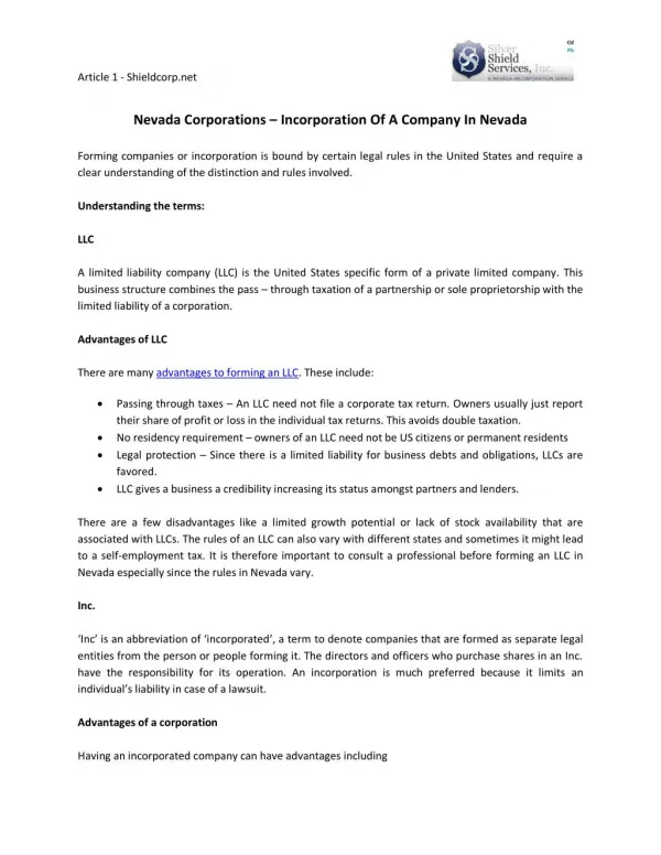 Nevada Corporations – Incorporation Of A Company In Nevada