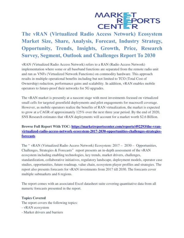 The vRAN (Virtualized Radio Access Network) Ecosystem Industry Outlook And Growth Forecast To 2030