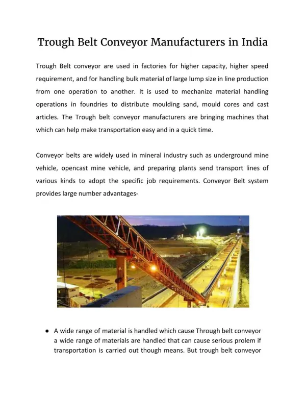 Trough Belt Conveyor Manufacturers in India