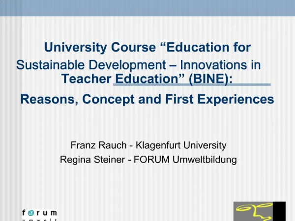 University Course Education for Sustainable Development Innovations in Teacher Education BINE: Reasons, Concept a