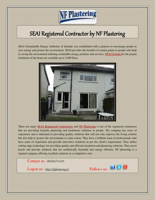 SEAI Registered Contractor by NF Plastering