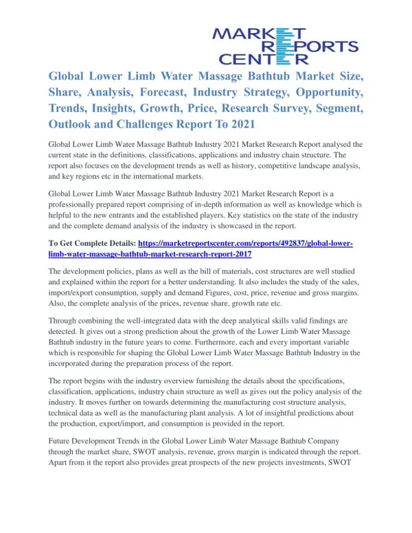 Lower Limb Water Massage Bathtub Market Segmentation and Global Forecast To 2021