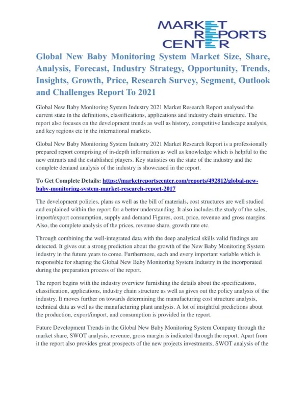 New Baby Monitoring System Market Growth, Opportunity And Global Industry Outlook To 2021