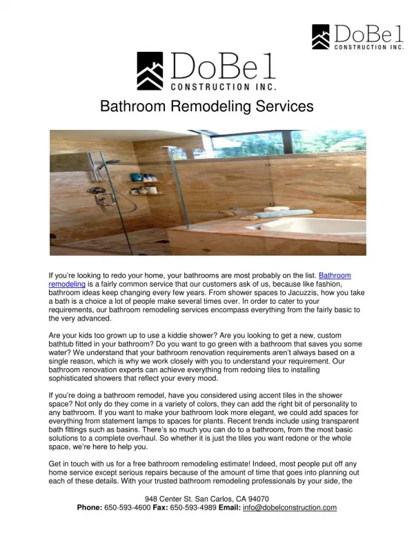 Bathroom Remodeling Services - Dobel Construction