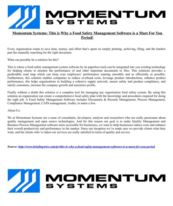 Momentum Systems: This is Why a Food Safety Management Software is a Must For You Period!