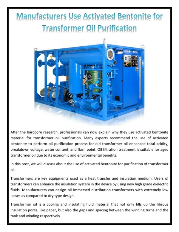 Manufacturers Use Activated Bentonite for Transformer Oil Purification